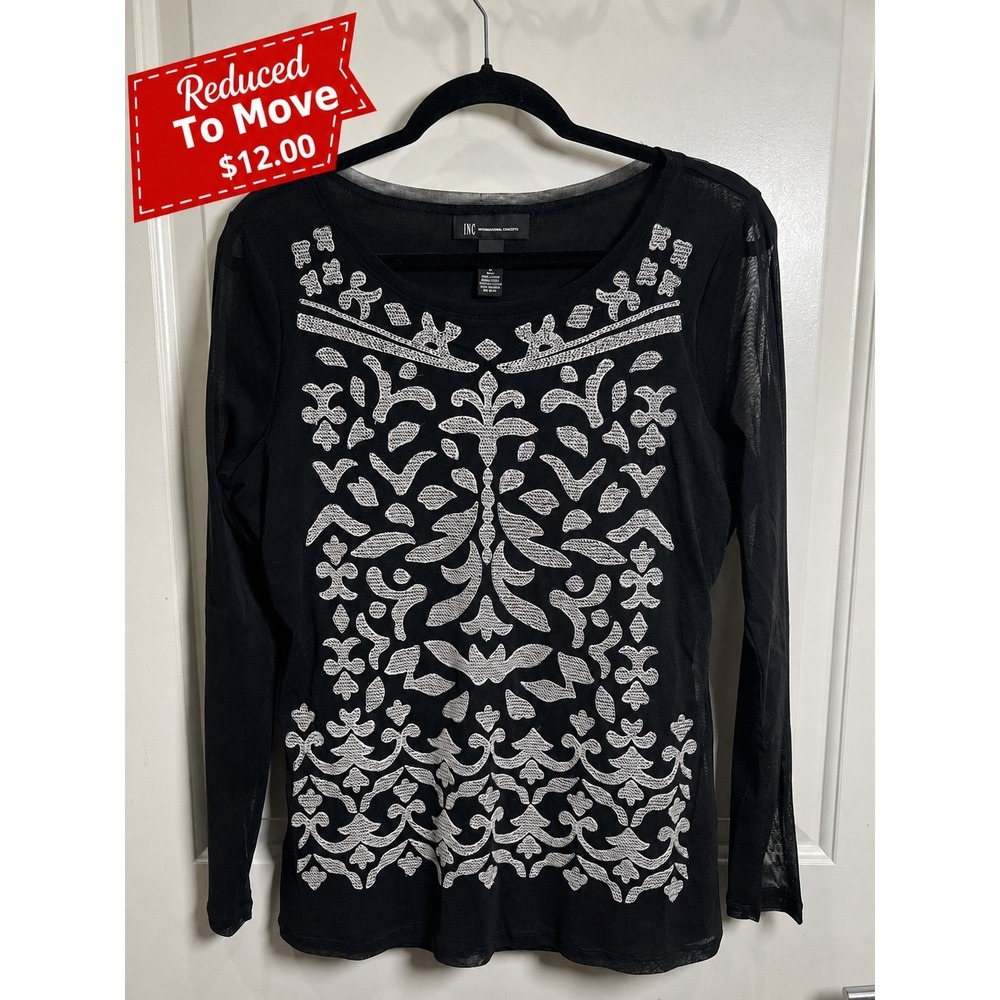 INC International Concepts Black Embroidered Sheer Sleeve Blouse Top Large